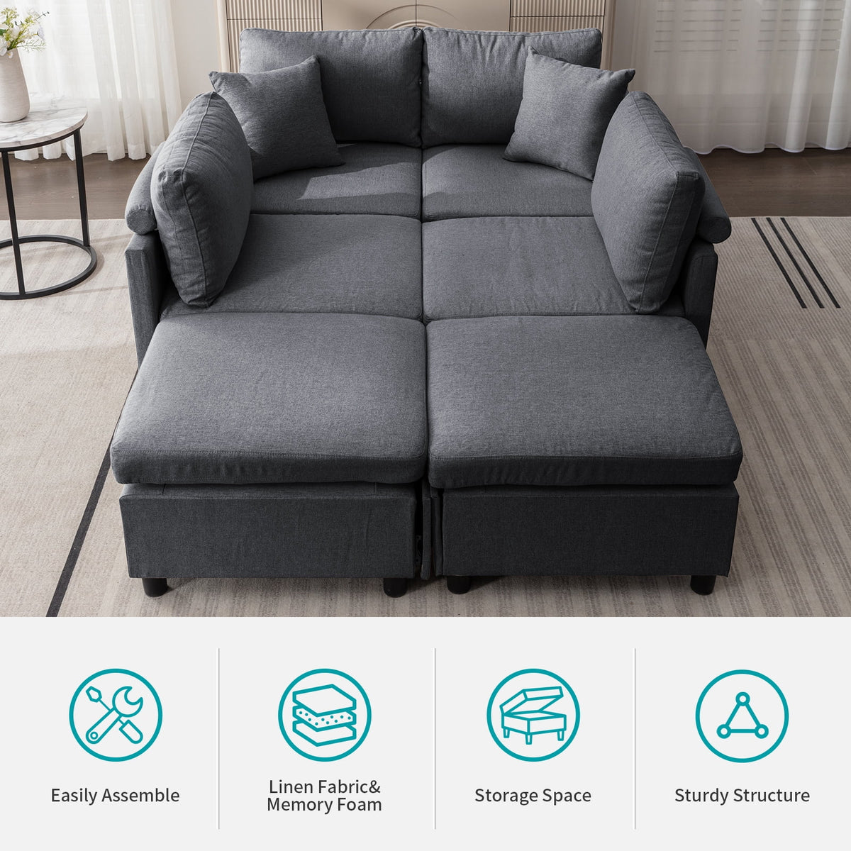 Dark Gray 6-Seater Modular Sectional Sofa with Storage Ottoman F8248