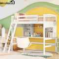 Twin Size High Loft Bed with Storage Shelves, Desk and Ladder Solid Wood Bed Frame with Safety Guardrails White P198