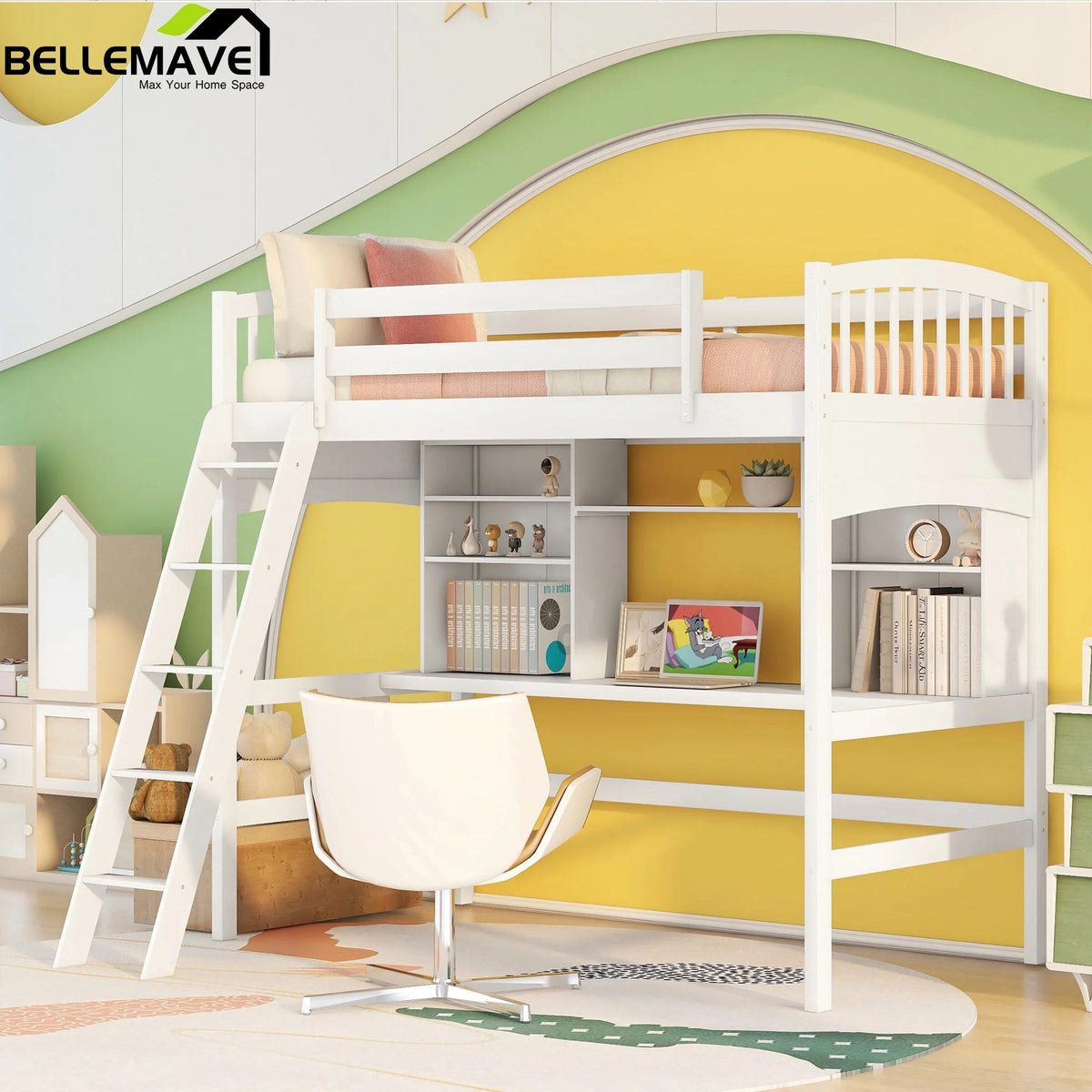 Twin Size High Loft Bed with Storage Shelves, Desk and Ladder Solid Wood Bed Frame with Safety Guardrails White P198