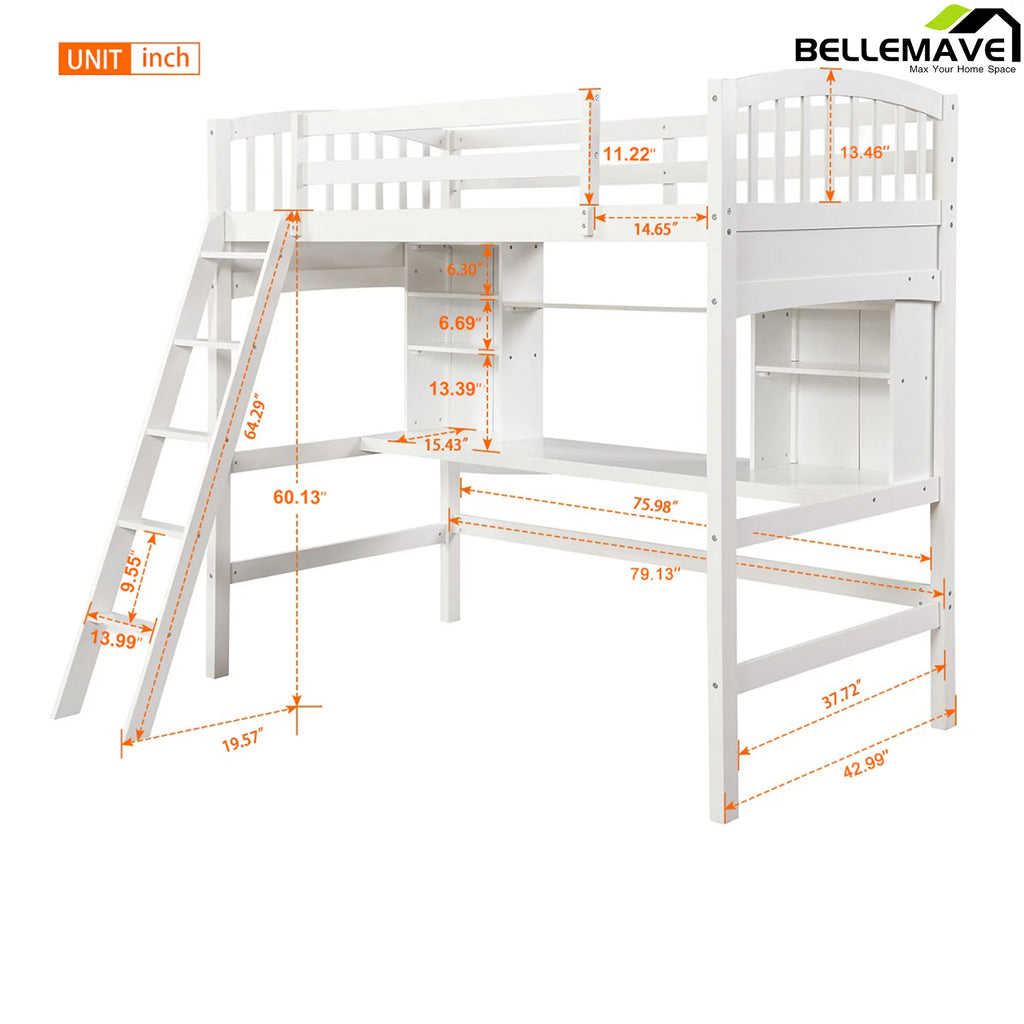 Twin Size High Loft Bed with Storage Shelves, Desk and Ladder Solid Wood Bed Frame with Safety Guardrails White P198