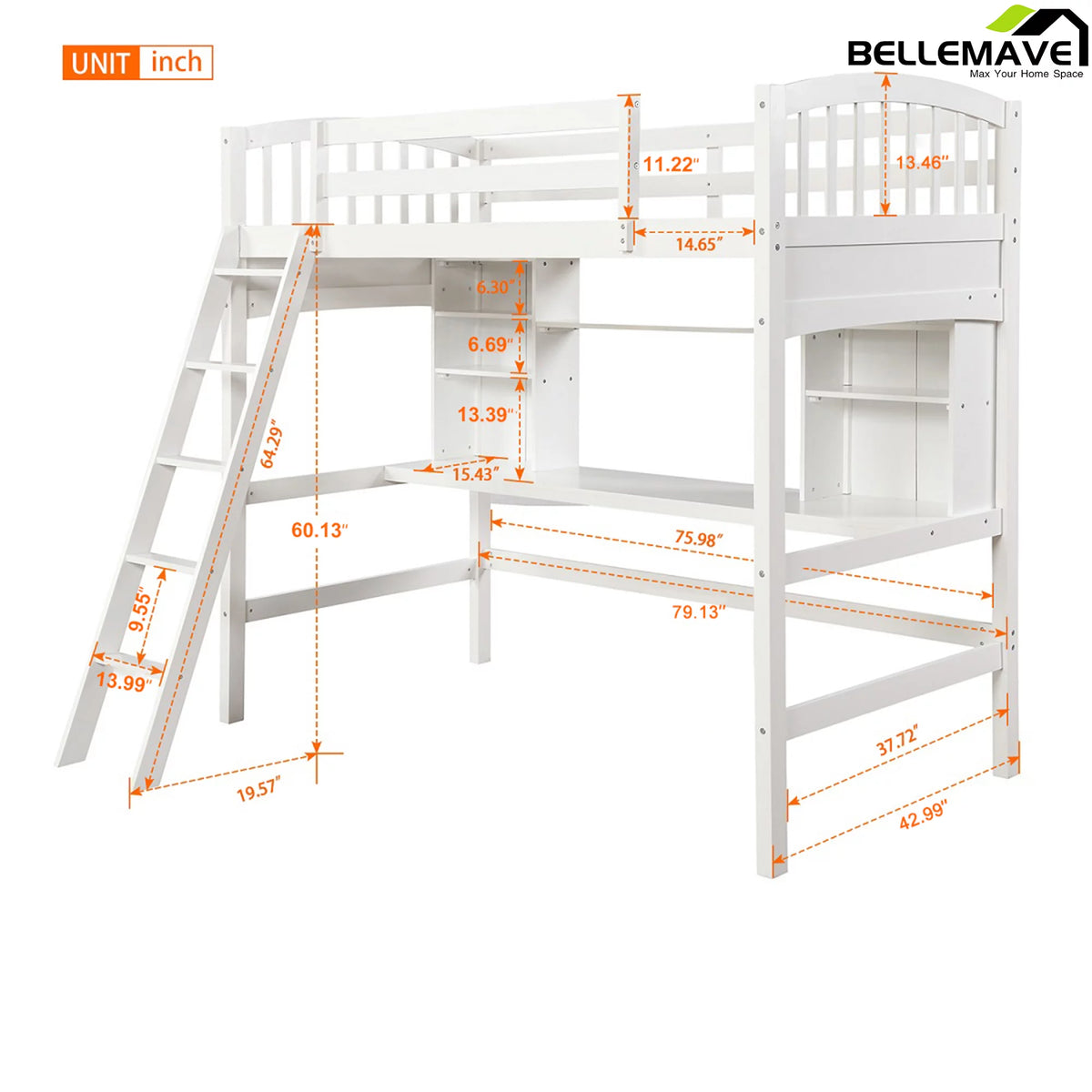 Twin Size High Loft Bed with Storage Shelves, Desk and Ladder Solid Wood Bed Frame with Safety Guardrails White P198