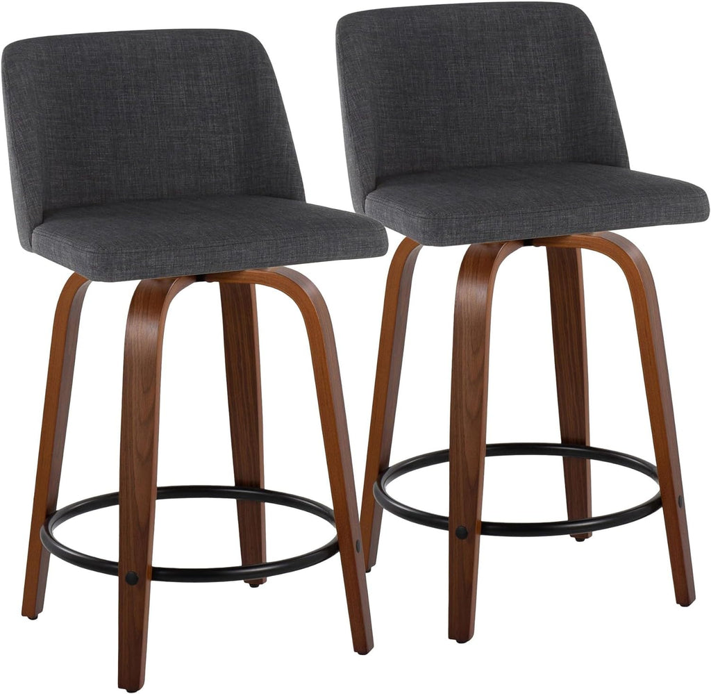24" Counter Stool With Swivel In Walnut Wood And Charcoal Fabric - Set Of 2 Z693290
