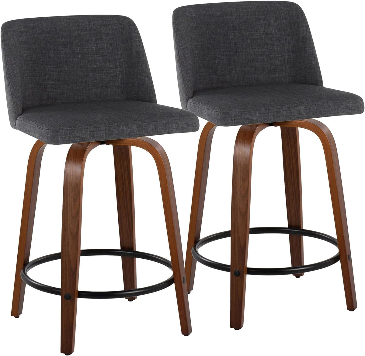 24" Counter Stool With Swivel In Walnut Wood And Charcoal Fabric - Set Of 2 Z693290