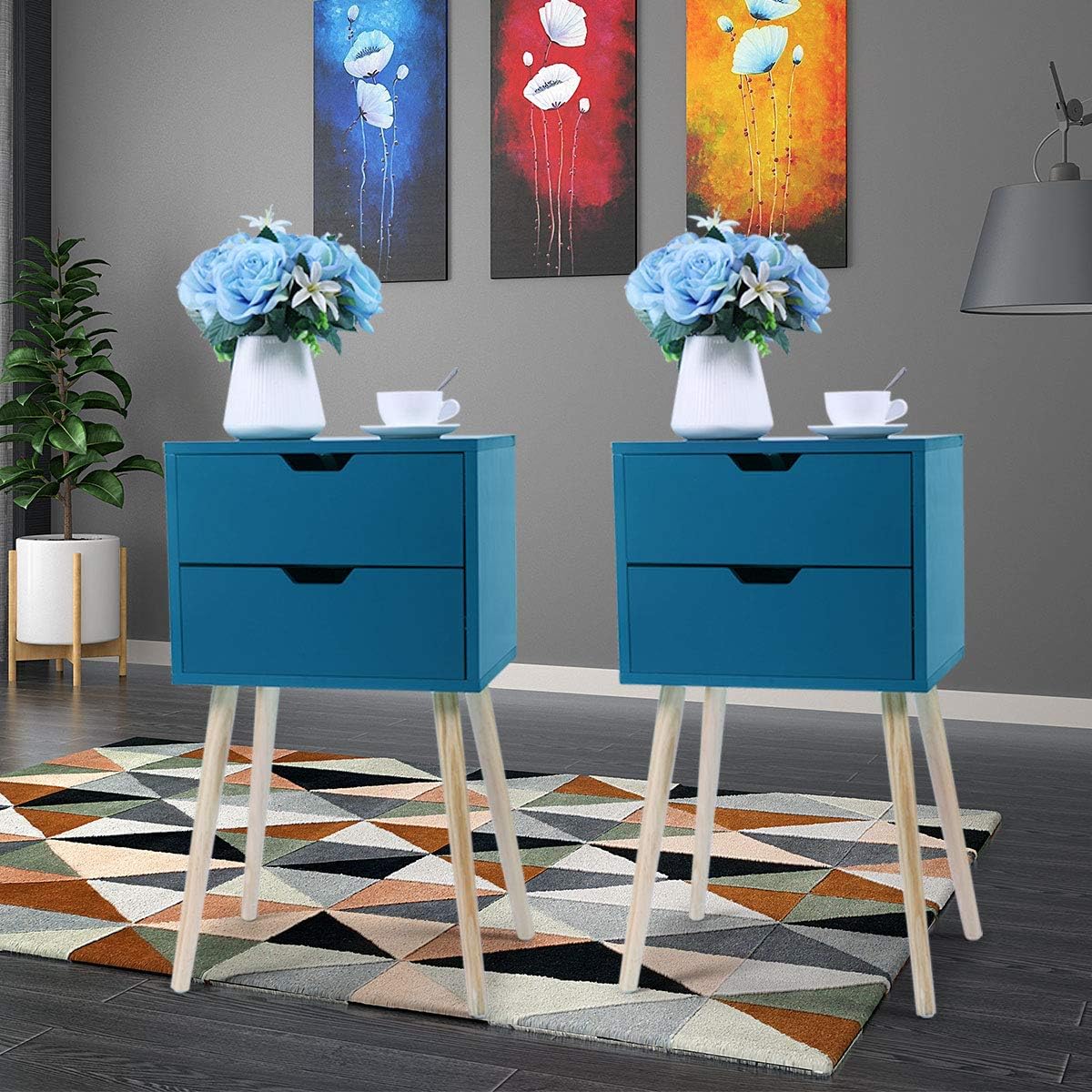 Set of 2 Blue Wood Nightstand with 2 Drawers L378