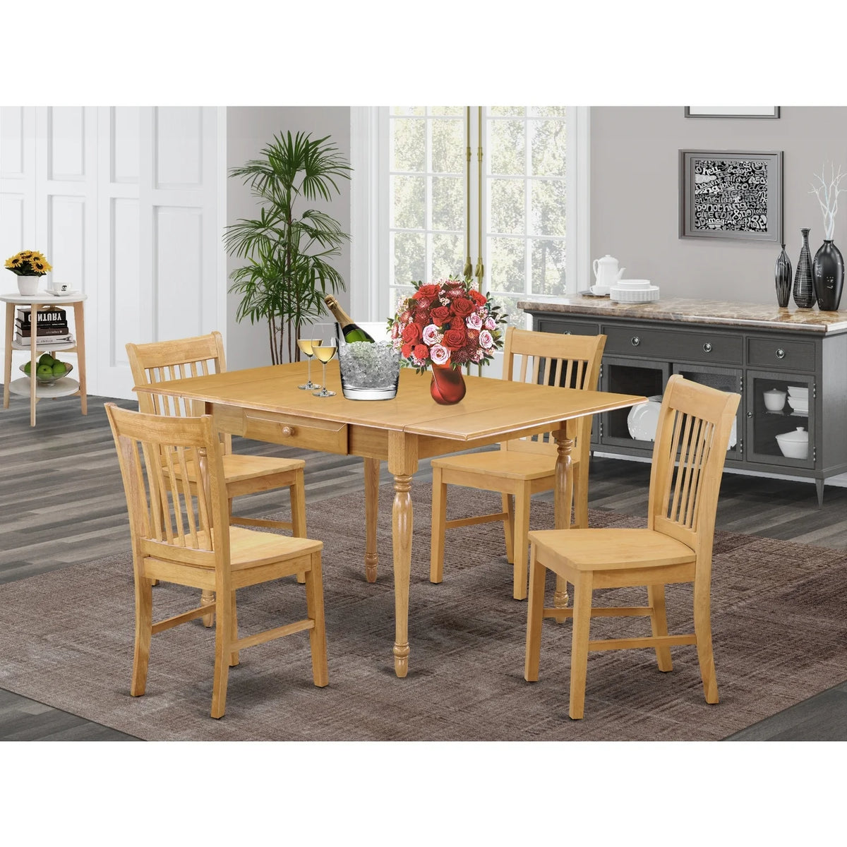 5 Pieces Drop Leaf Solid Wood Dining Table Set A303125