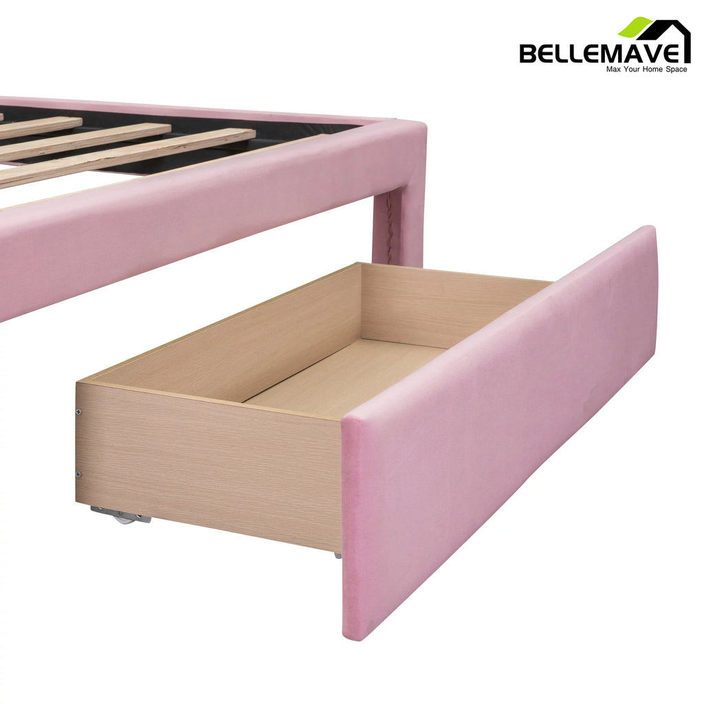Full Size Pink Velvet Upholstered Platform Bed with Drawer A613