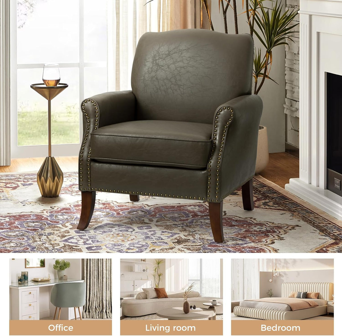 Grey Faux Leather Accent Armchair Set Of 2 with Solid Wood Legs K400928