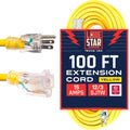 100 Foot 12/3 SJTW Lighted Extension Cord Yellow 3 Prong Grounded Plug 12 Gauge W3838