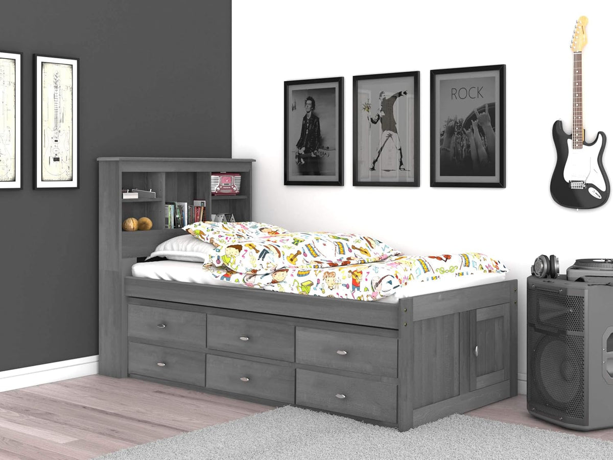 Charcoal Twin Bookcase Bed with 6 Drawers J94303