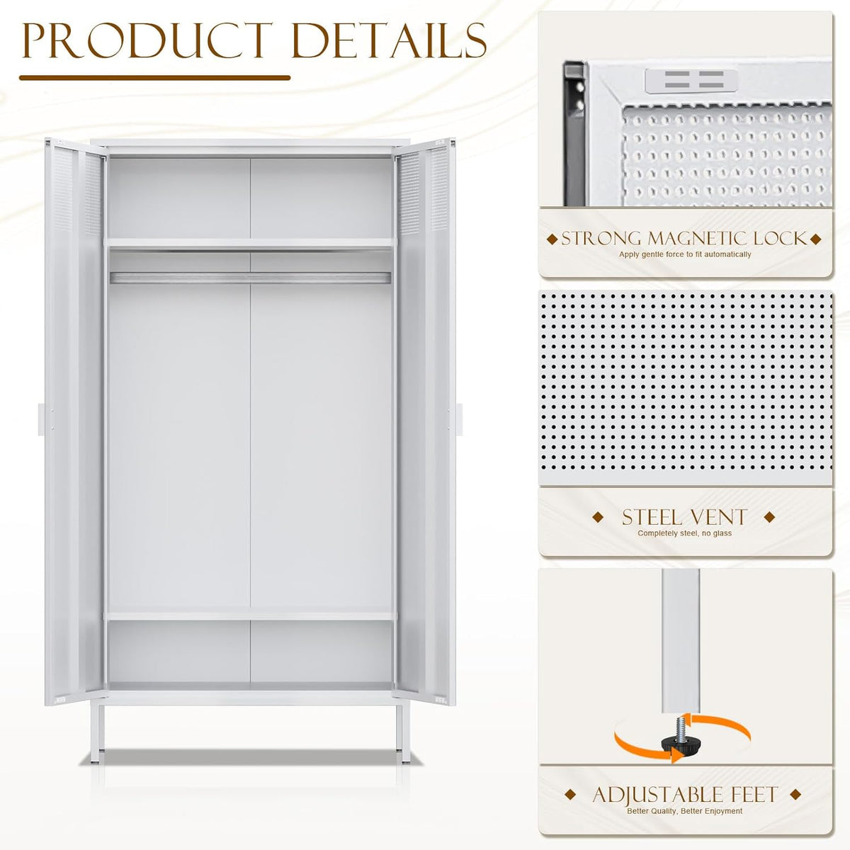 Metal Storage Cabinet with Adjustable Shelf & Removable Hanging Rods Y36975
