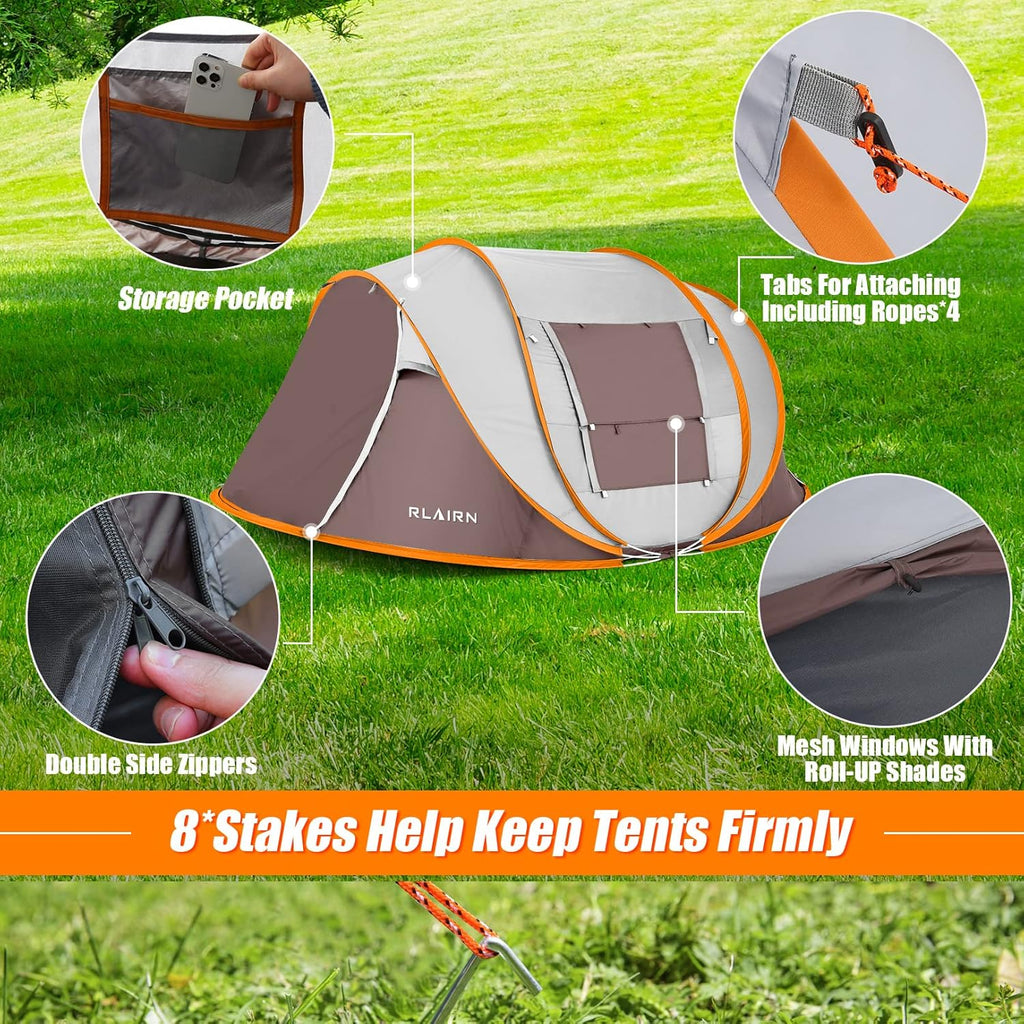 4 Person Pop Up Tent with 2 Mesh Windows & Doors Waterproof Brown H458