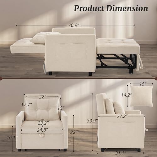 3 in 1 Convertible Sleeper Chair Bed with 2 Pillows and Backrest H5016