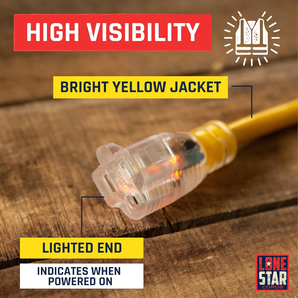 100 Foot 12/3 SJTW Lighted Extension Cord Yellow 3 Prong Grounded Plug 12 Gauge W3838