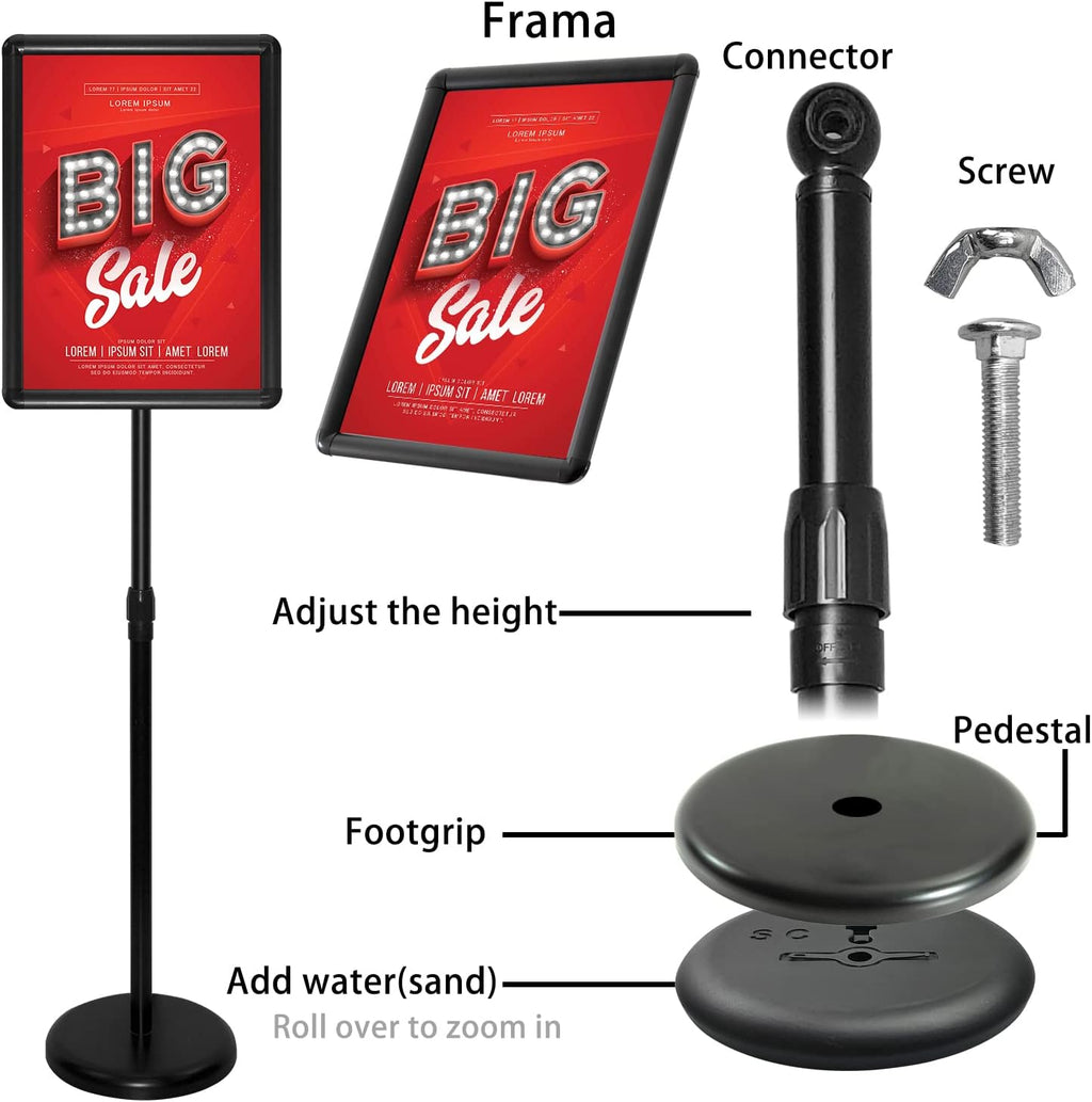 Adjustable Aluminum Snap Open Floor Sign Stand 8.5x11 Inches Black 6 Pack M103