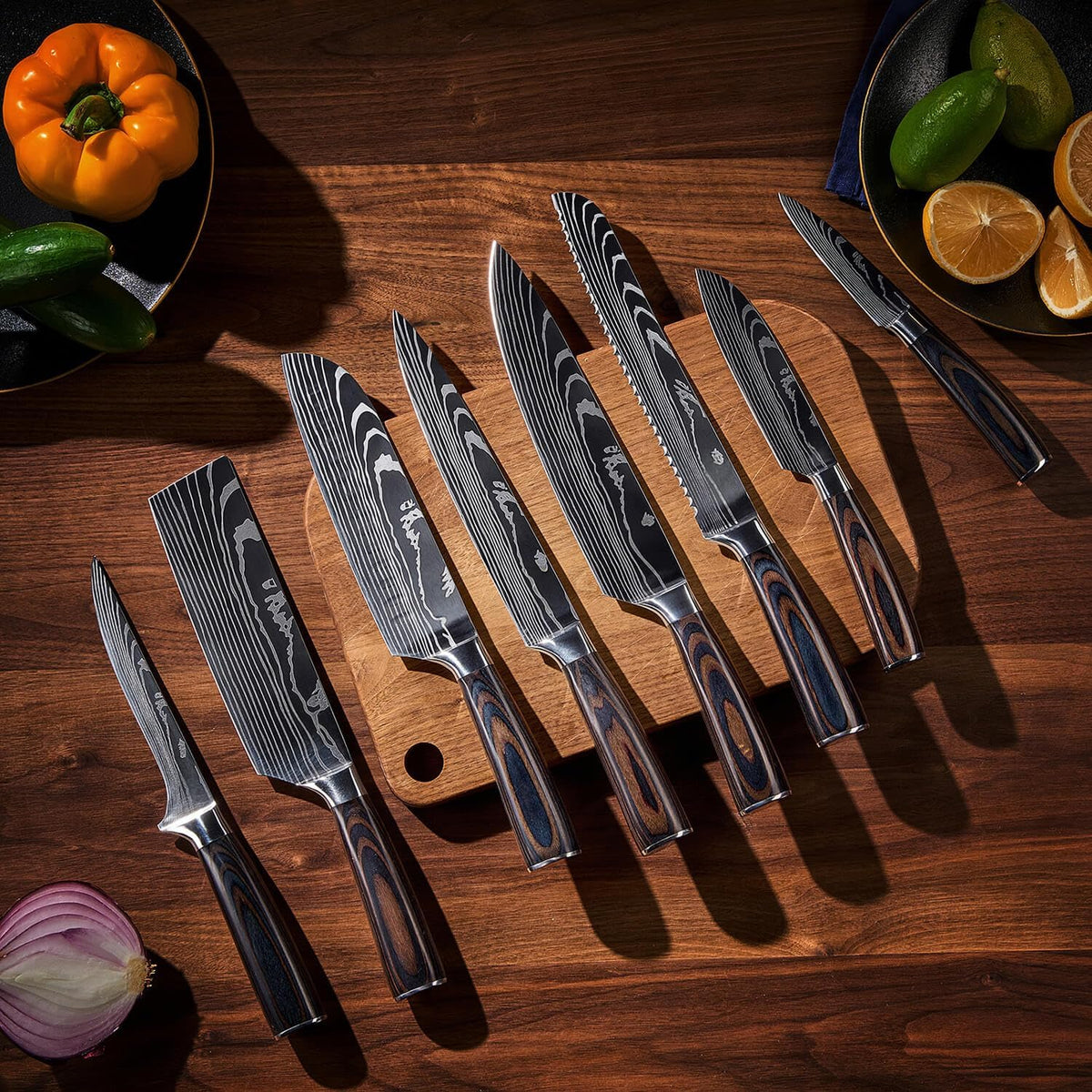 8-piece Japanese Kitchen Knife Set with Damascus Pattern G209