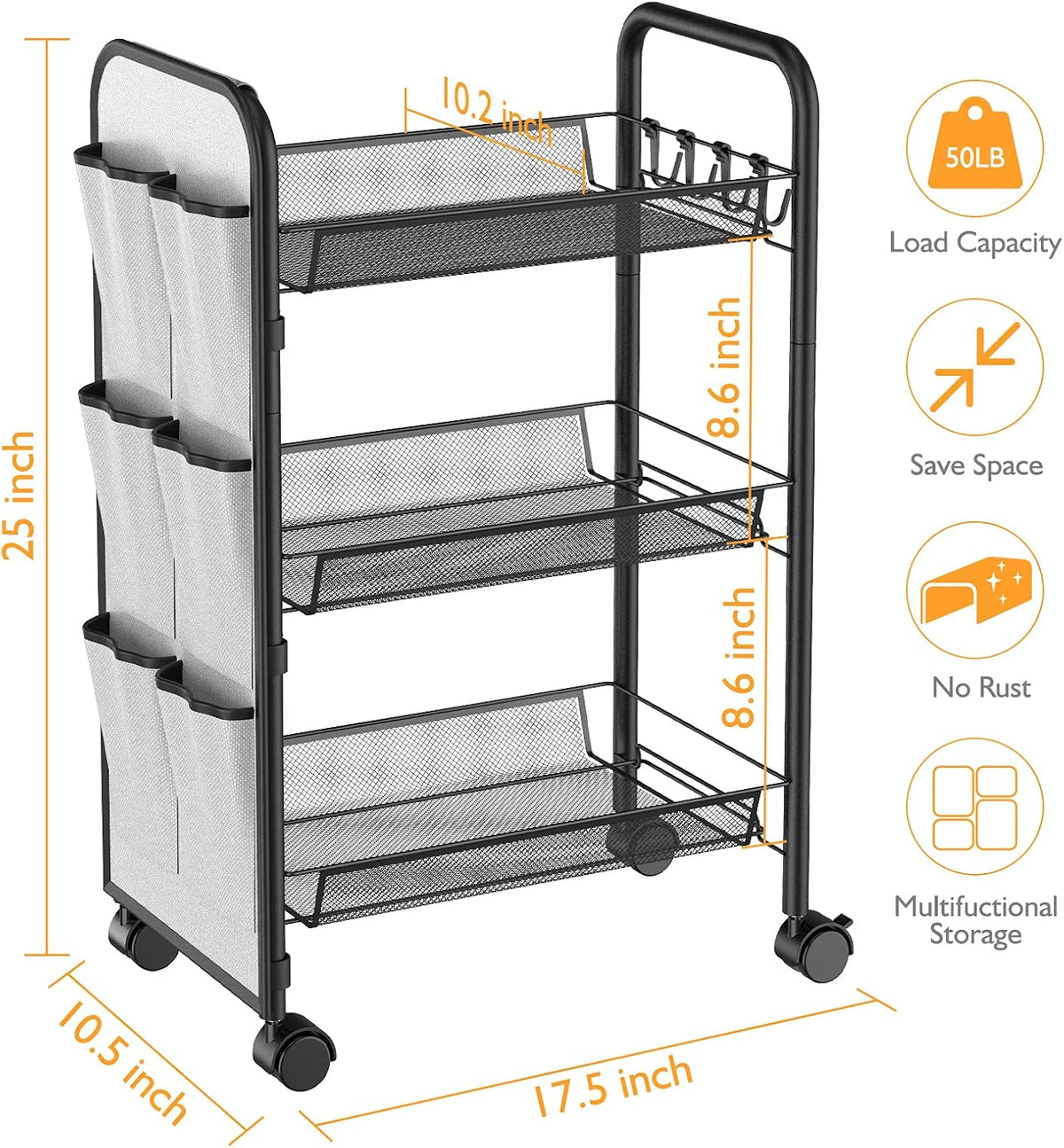 3-Tier Rolling Utility Cart with Storage Bag L69730
