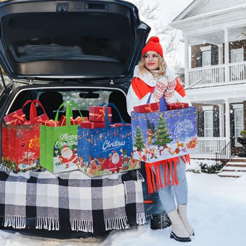 12 PCS Assorted Sizes Reusable Non-Woven Christmas Tote Bags with Handles I8416