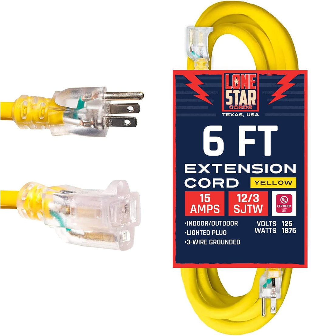 100 Foot 12/3 SJTW Lighted Extension Cord Yellow 3 Prong Grounded Plug 12 Gauge W3838