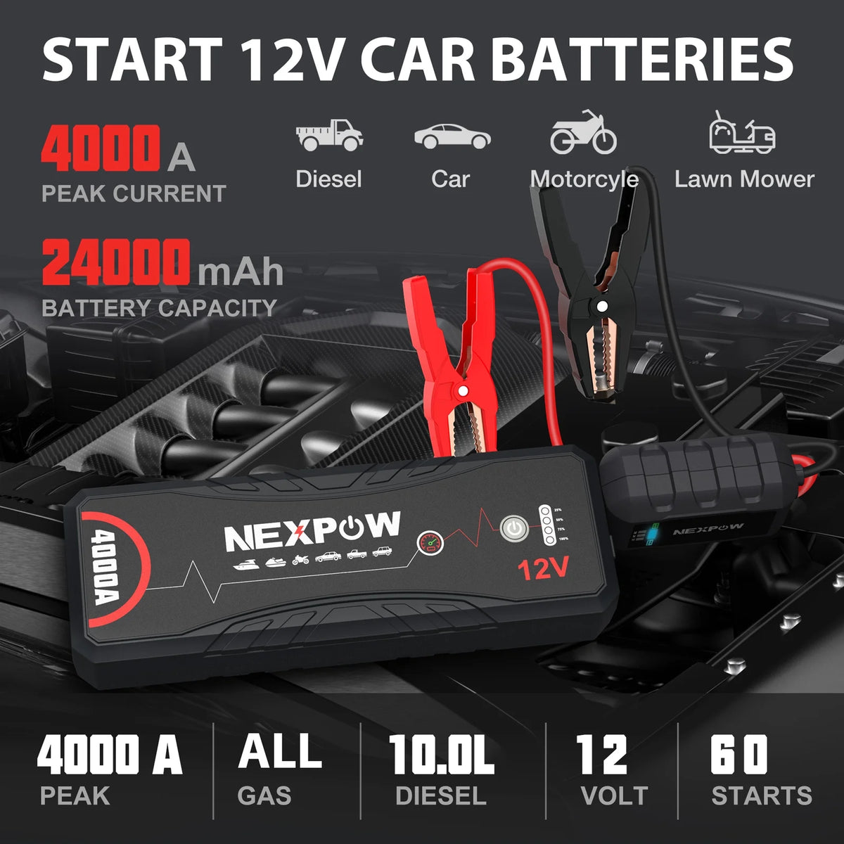 4000A Peak 24000mAh 12V Portable Jump Starter with LED Light B382534