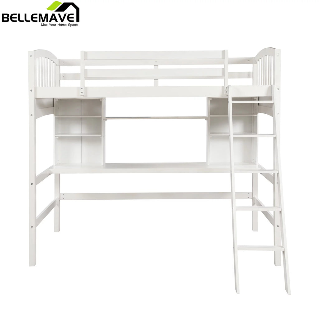Twin Size High Loft Bed with Storage Shelves, Desk and Ladder Solid Wood Bed Frame with Safety Guardrails White P198