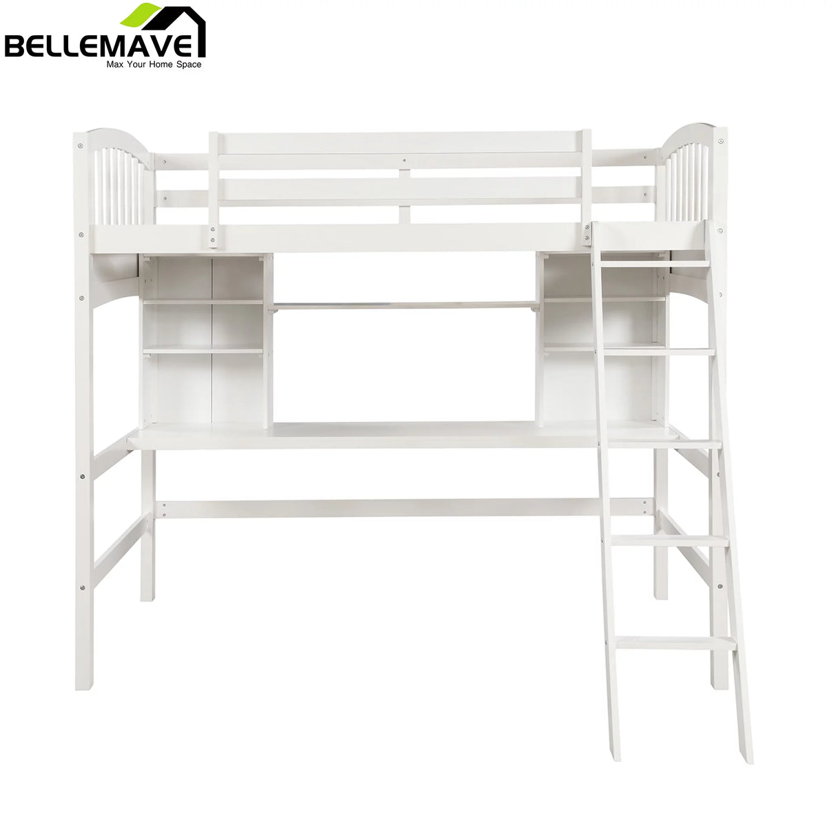 Twin Size High Loft Bed with Storage Shelves, Desk and Ladder Solid Wood Bed Frame with Safety Guardrails White P198