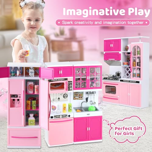 64 PCS Pink Kitchen Toys with Lights Sounds Doll Playset E742