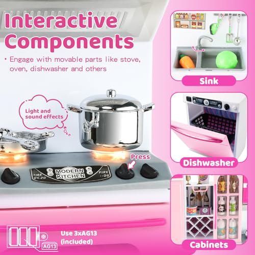 64 PCS Pink Kitchen Toys with Lights Sounds Doll Playset E742