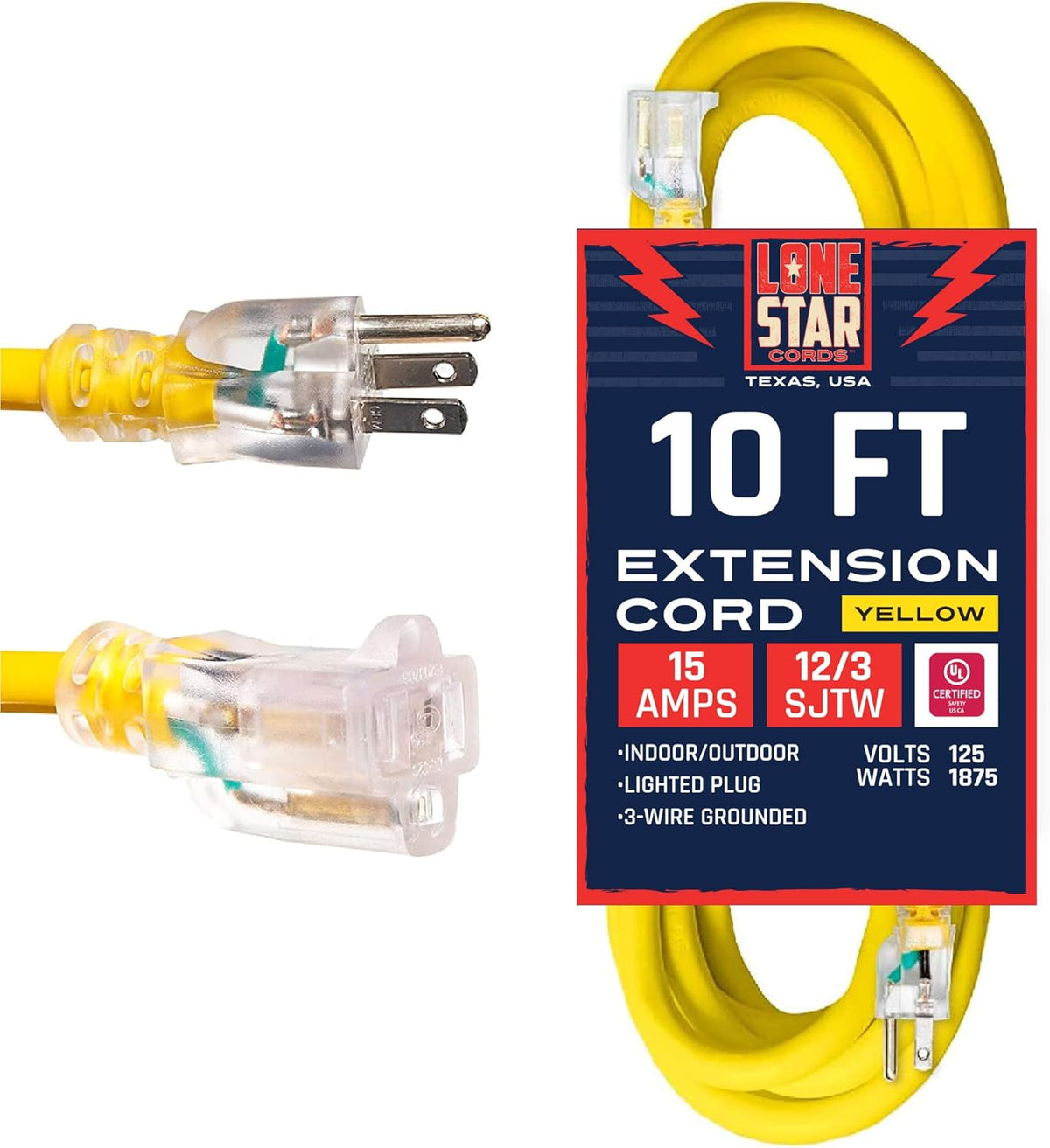 100 Foot 12/3 SJTW Lighted Extension Cord Yellow 3 Prong Grounded Plug 12 Gauge W3838