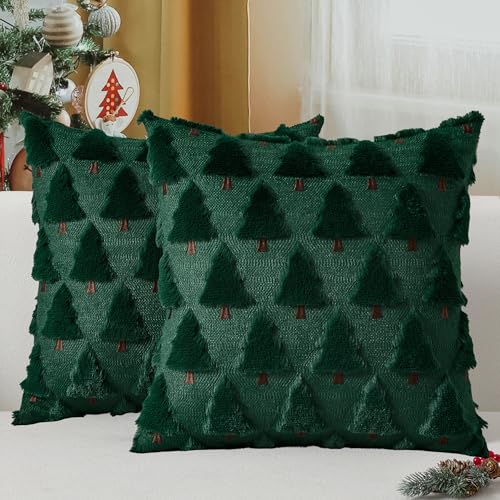 Dark Green 18x18 Inch Set of 2 Plush Faux Fur Throw Pillow Covers B95410