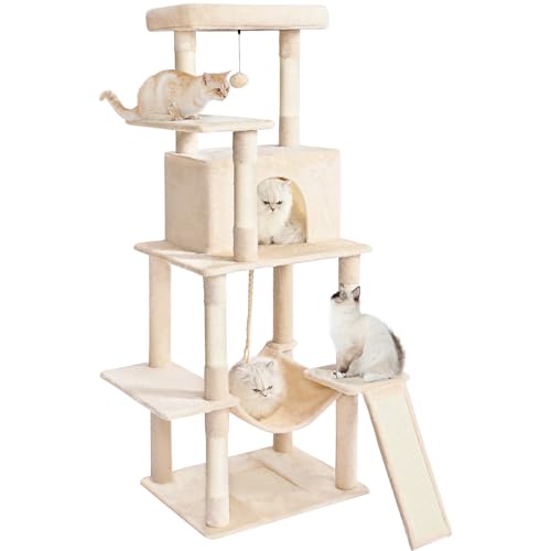 63in Multi-Level Cat Tree Tower with Sisal Scratching Posts, Condo, Hammock, Dangling Ball and Extended Platform, Dark Grey K3199