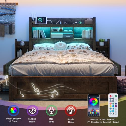Queen Bed Frame with Bookcase Headboard, 4 Drawers, Charging Station, Rustic Brown B636
