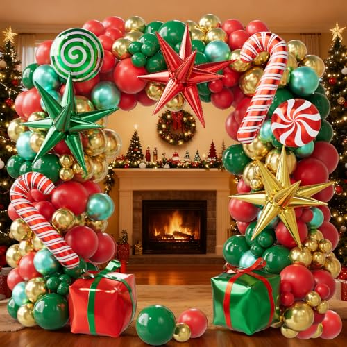 Christmas Balloon Arch Kit, 179PCS Red Green Gold Balloon Garland I45165