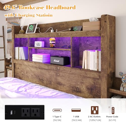 Queen Bed Frame with Bookcase Headboard, 4 Drawers, Charging Station, Rustic Brown B636