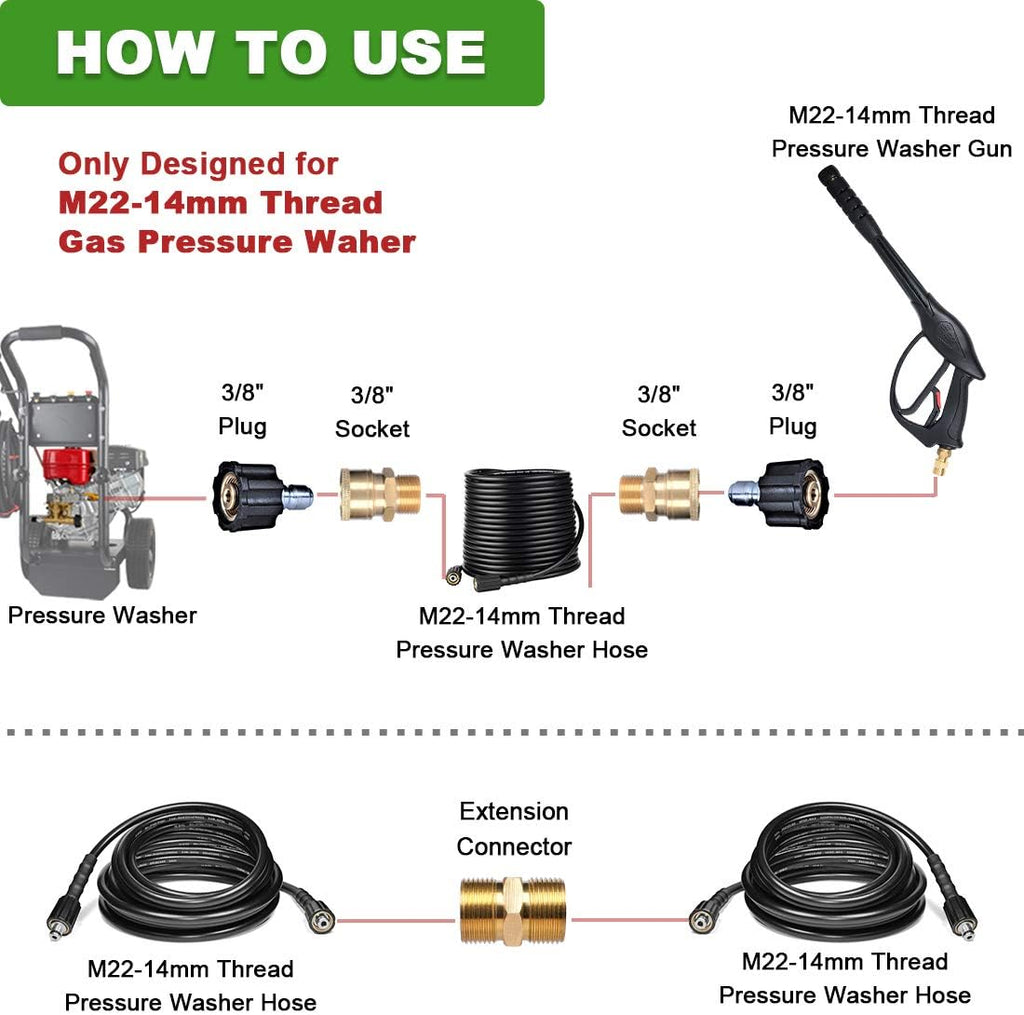 Pressure Washer Hose 3200 PSI 100 FT X 1/4", M22 to 3/8" Quick Connect Couplers, Pack of 2 D694918