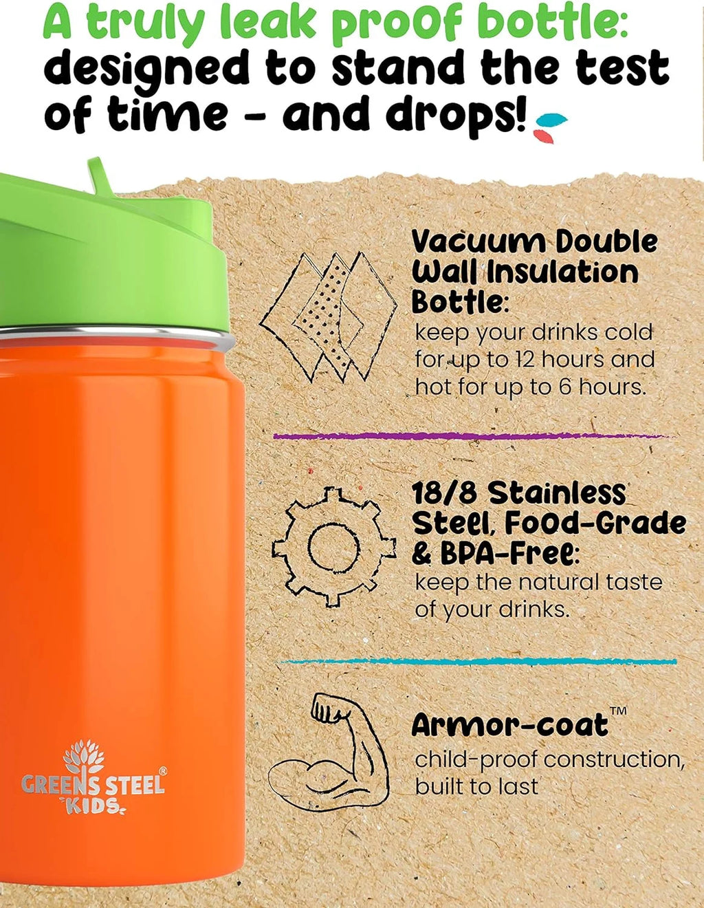 12oz Orange Insulated Double Wall Stainless Steel Kids Water Bottle with Straw I608