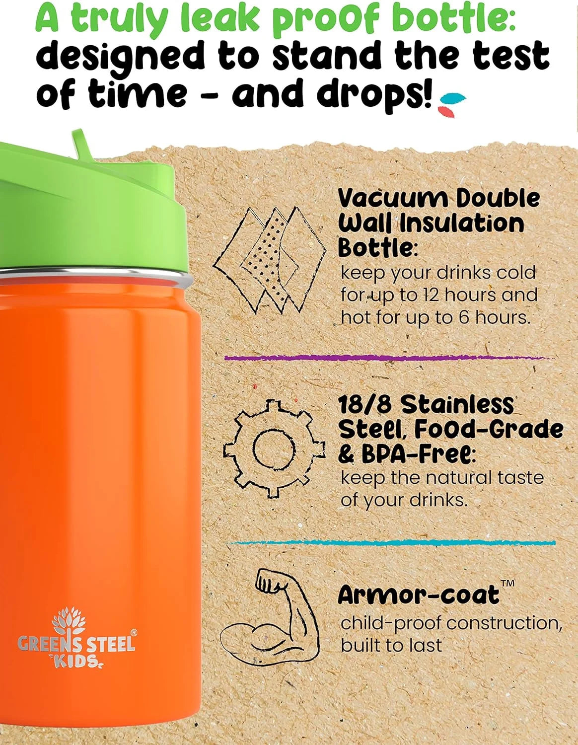 12oz Orange Insulated Double Wall Stainless Steel Kids Water Bottle with Straw I608