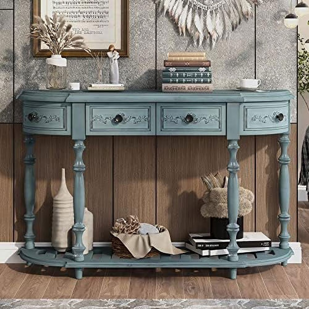 Curved Console Table with 4 Drawers Solid Wood Frame Black E713627