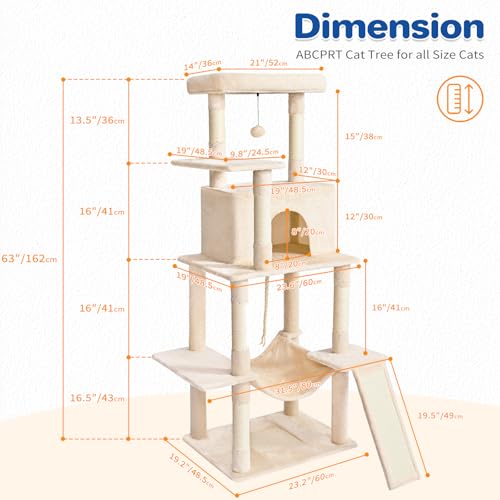 63in Multi-Level Cat Tree Tower with Sisal Scratching Posts, Condo, Hammock, Dangling Ball and Extended Platform, Dark Grey K3199