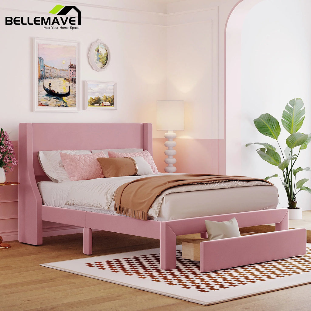 Full Size Pink Velvet Upholstered Platform Bed with Drawer A613