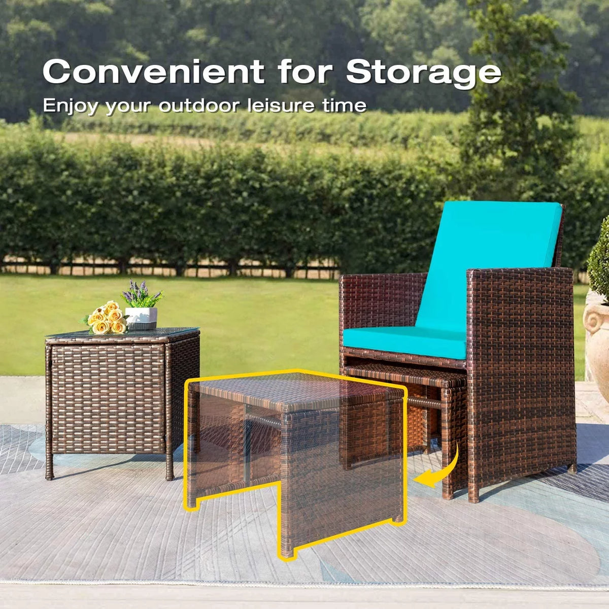 7 Pieces Patio Furniture Set Cushioned Wicker Chairs with Ottoman and Glass Table Z72967