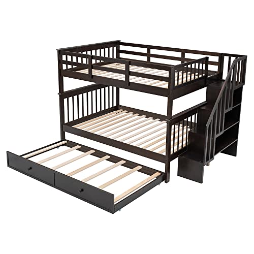 Full Over Full Wood Bunk Bed with Twin Trundle and Stairs, White Y689