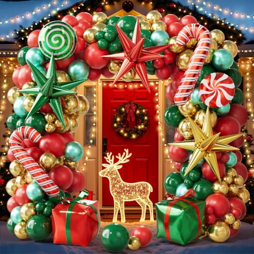Christmas Balloon Arch Kit, 179PCS Red Green Gold Balloon Garland I45165