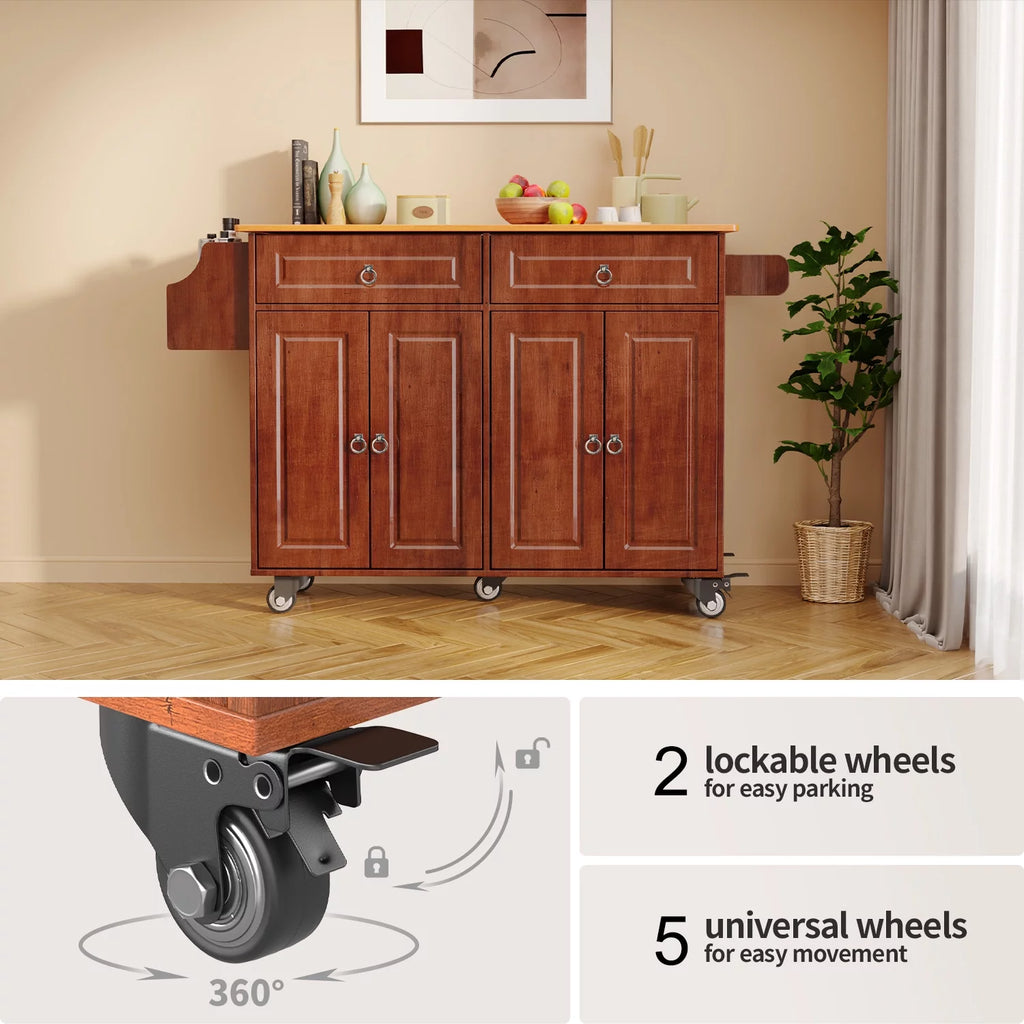 52" Kitchen Island Cart with Storage and Lockable Wheels V9514