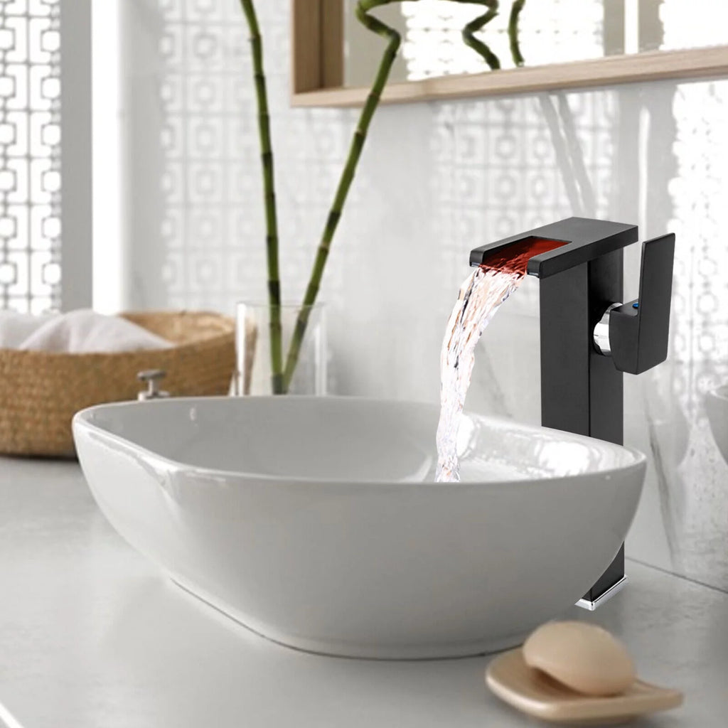Waterfall Single-Handle Vessel Sink Faucet with LED Light T18613