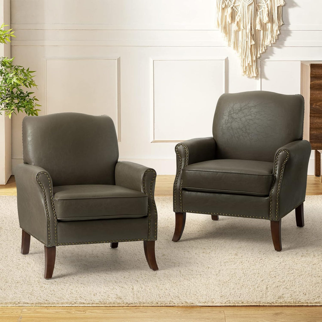 Grey Faux Leather Accent Armchair Set Of 2 with Solid Wood Legs K400928