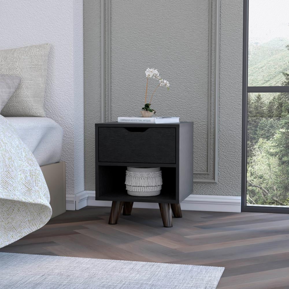 Black Nightstand with Drawer and Open Shelf V351