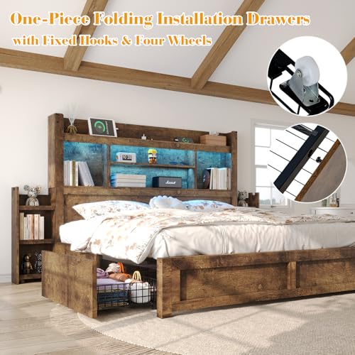 Queen Bed Frame with Bookcase Headboard, 4 Drawers, Charging Station, Rustic Brown B636