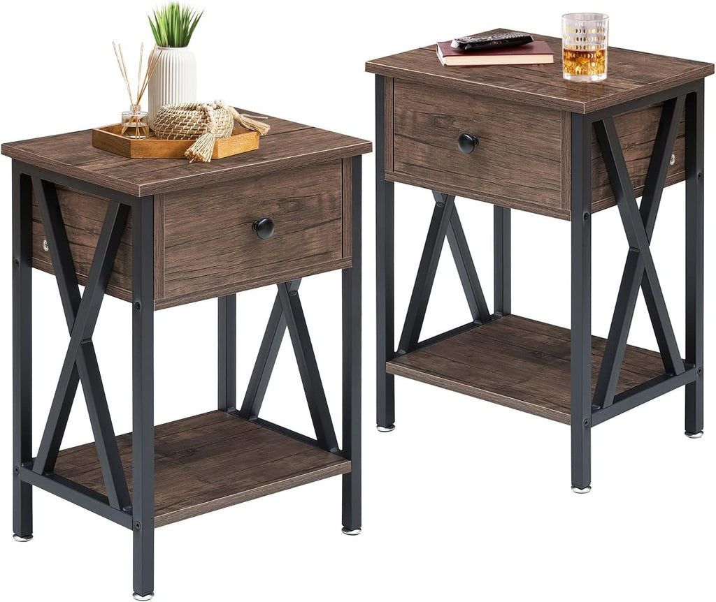 Antique Black Set of 2 End Side Table with Storage Cabinet B747
