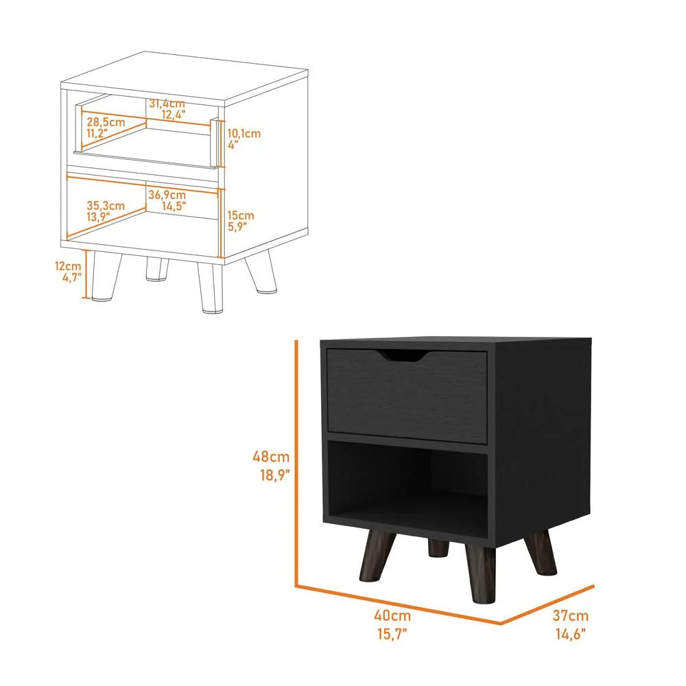 Black Nightstand with Drawer and Open Shelf V351