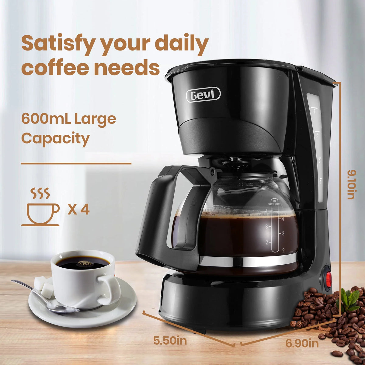 4 Cup Black Drip Coffee Maker with Reusable Filter F742
